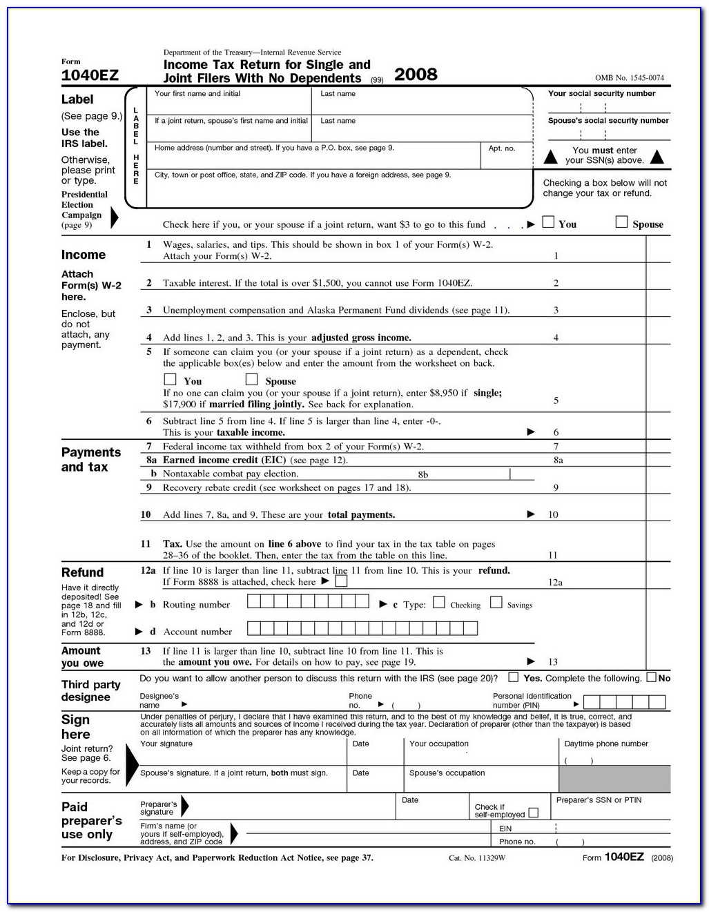 1040ez 2014 Tax Form