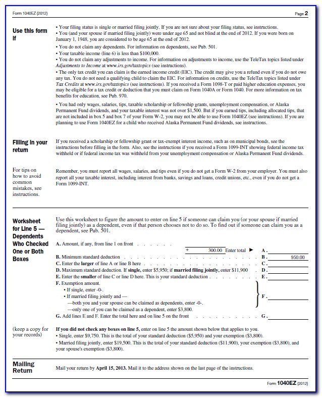 2012 Federal Tax Forms 1040ez Printable