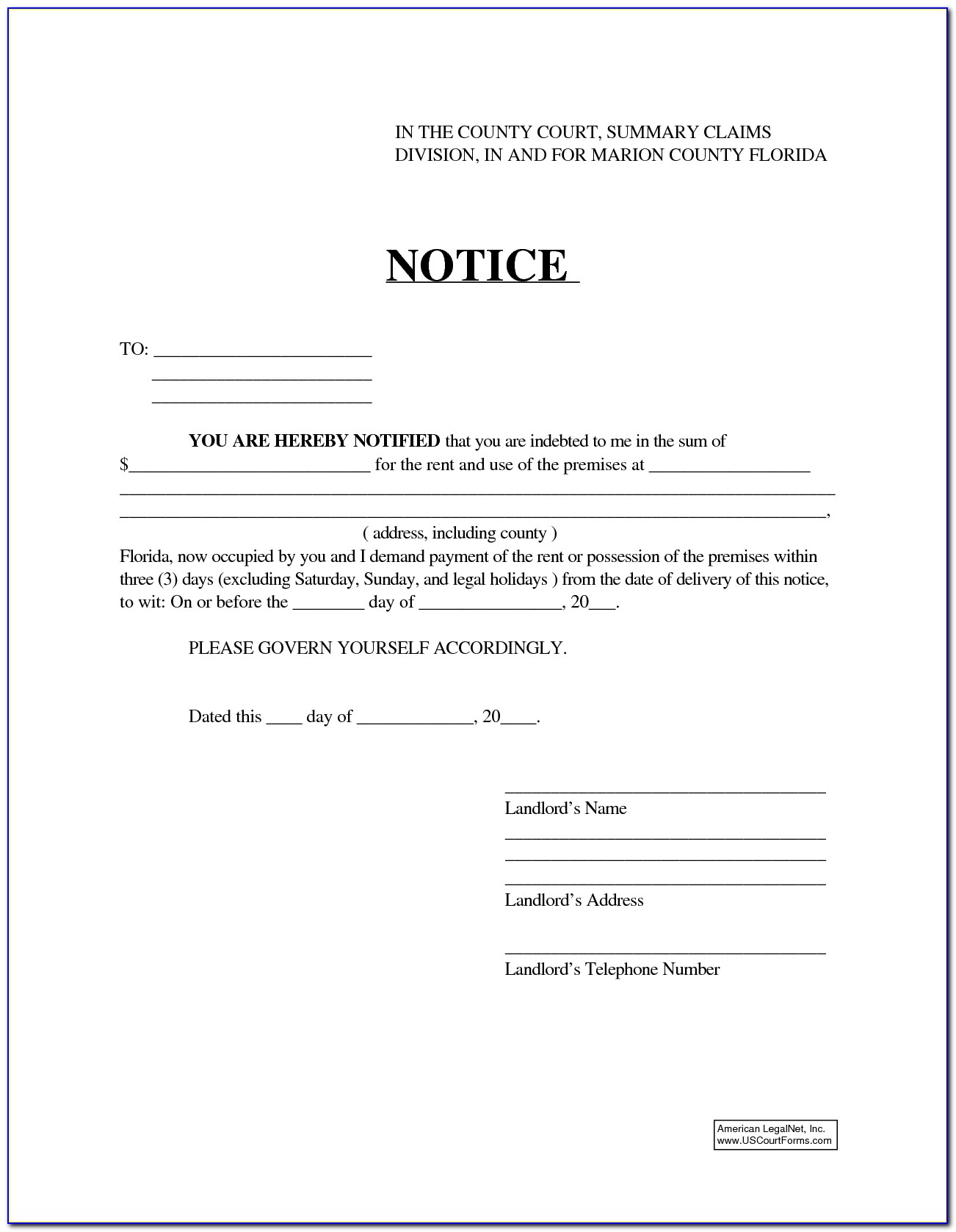 3 Day Eviction Notice Florida Form
