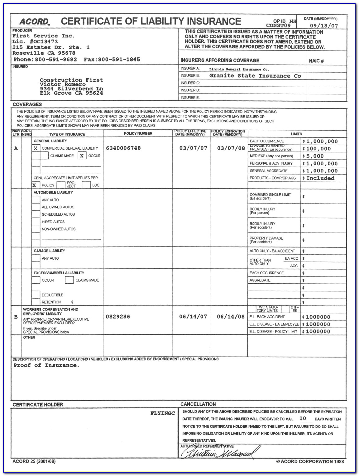 Acord Certificate Of Insurance Sample Form