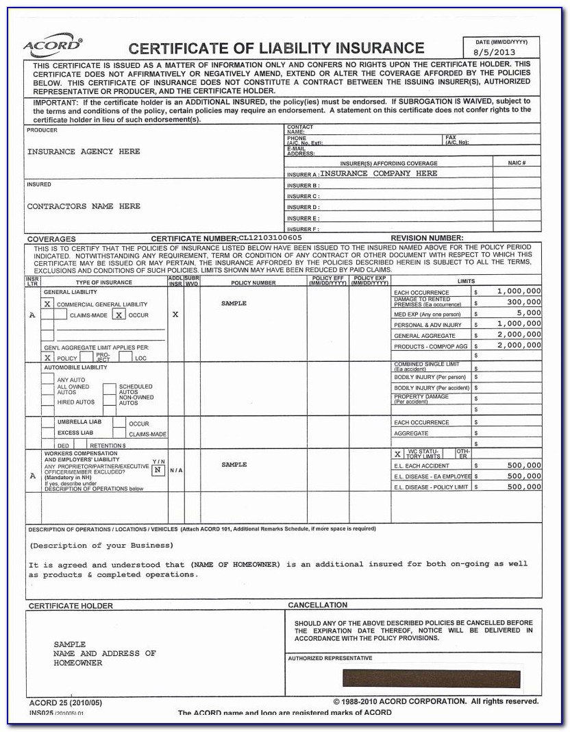 Acord Certificate Of Liability Insurance Form 25