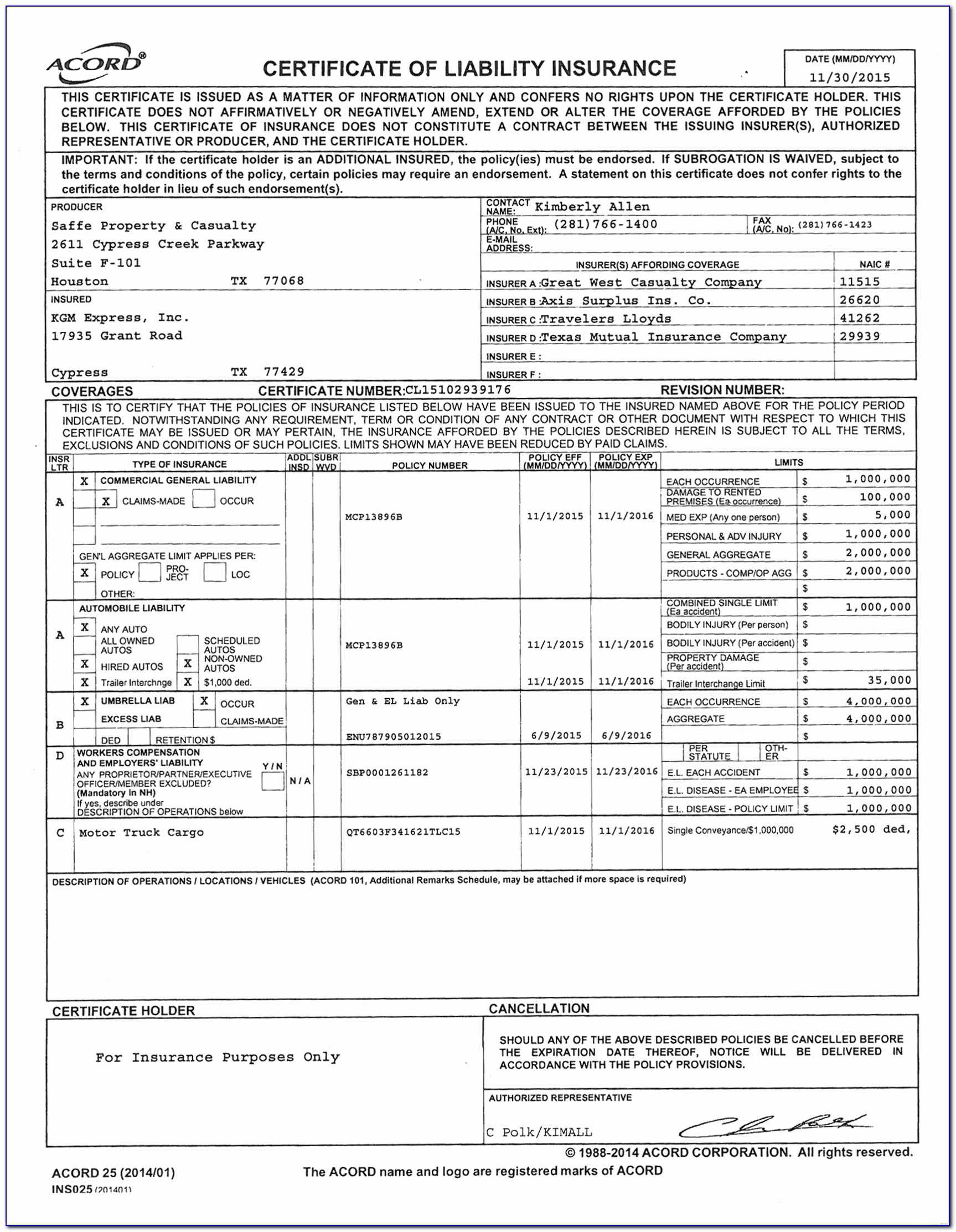 Acord Insurance Form 126