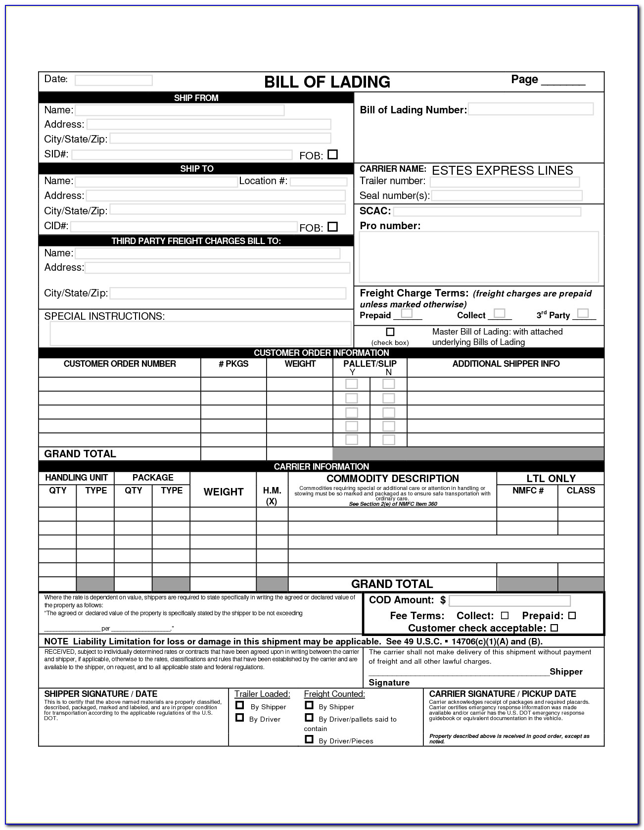 Bill Of Lading Forms Free Download