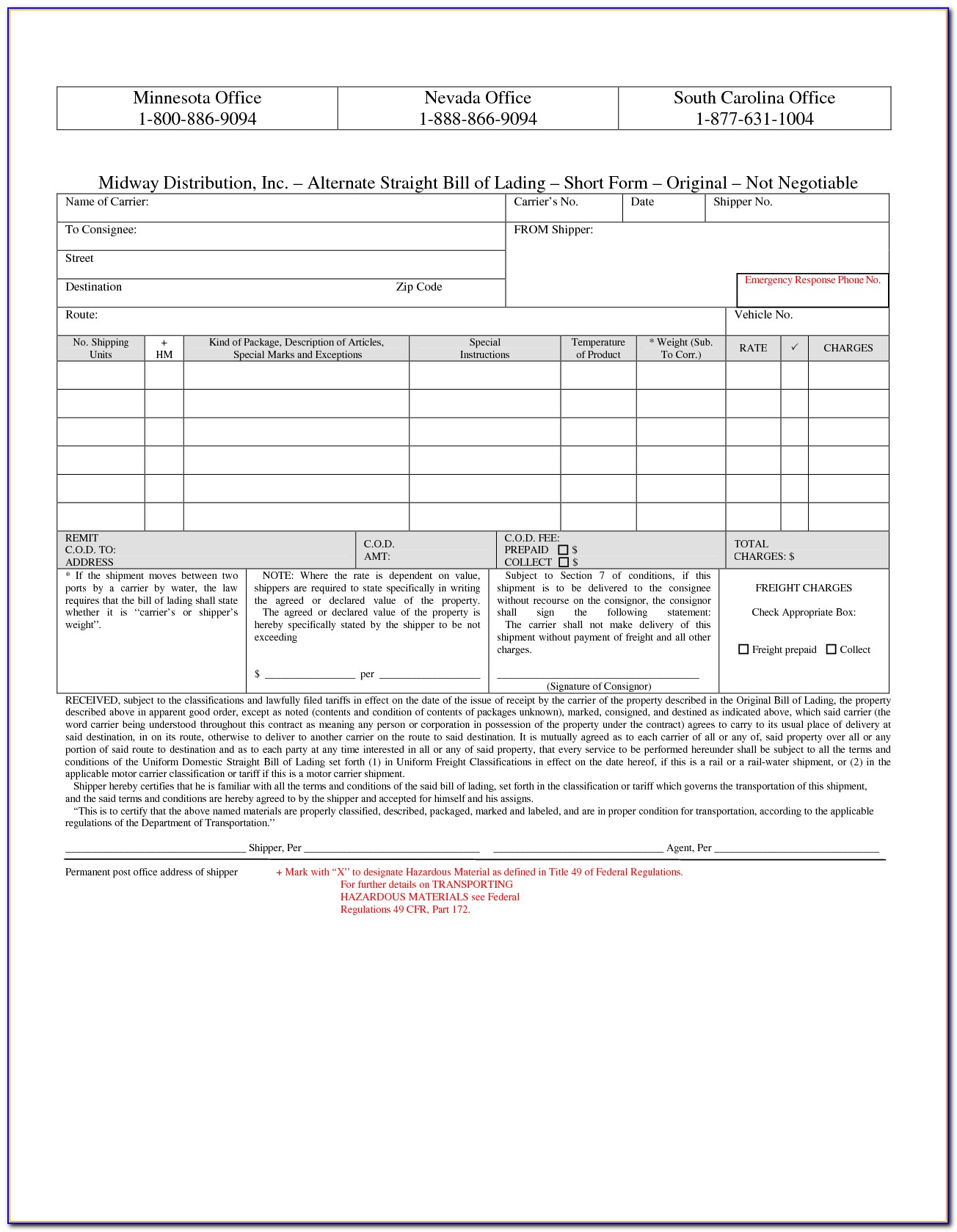 Bill Of Lading Short Form Template Excel
