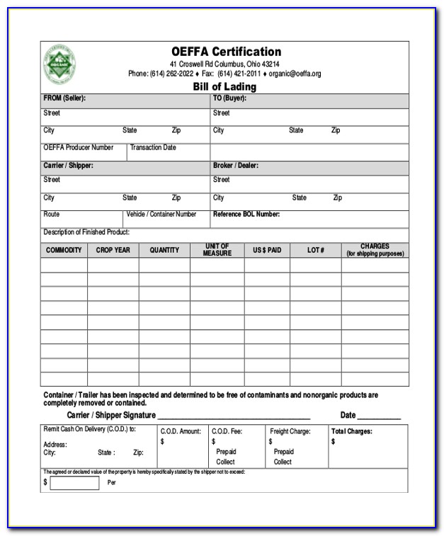 Blank Bill Of Lading Forms