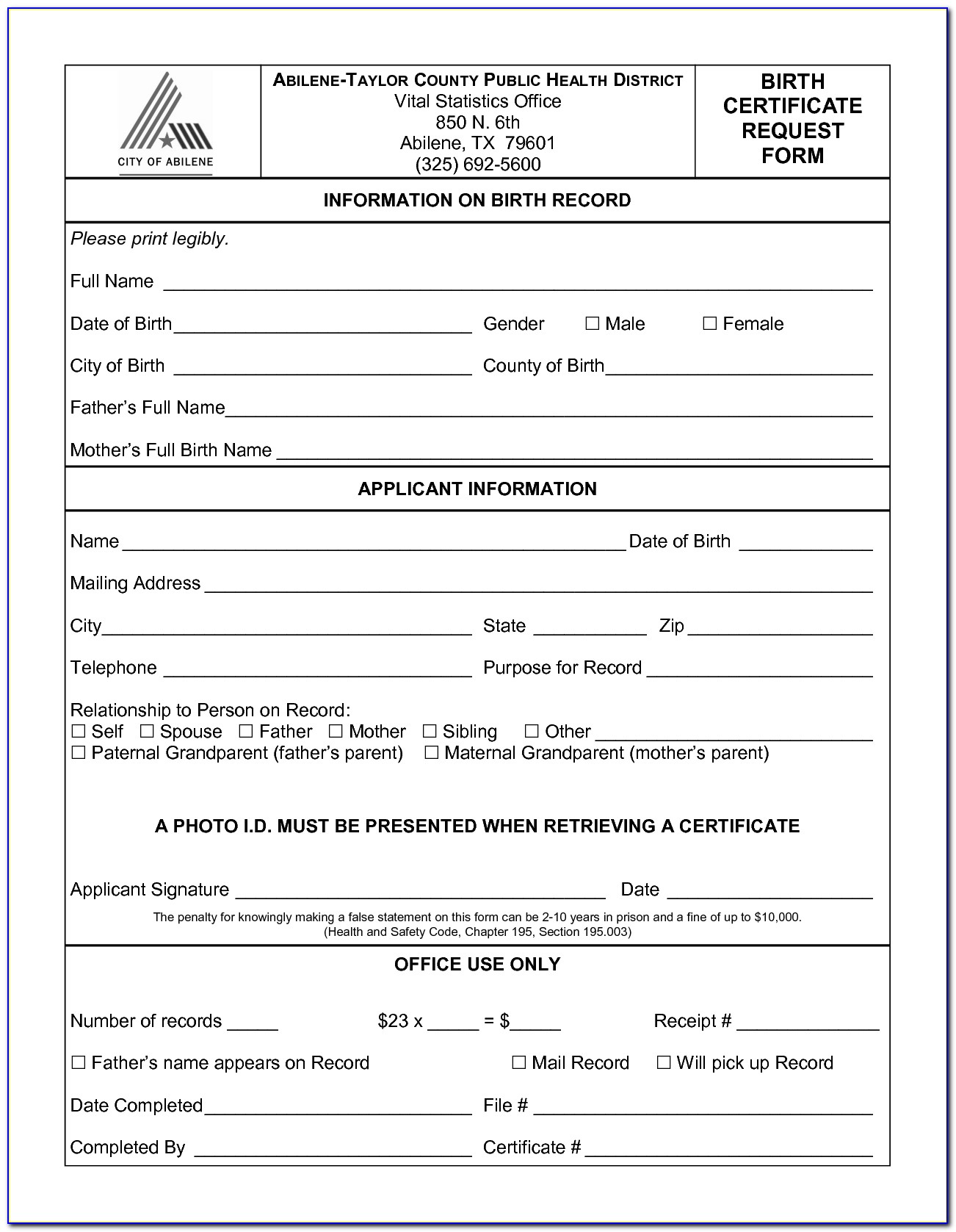 Blank Printable Birth Certificate Form