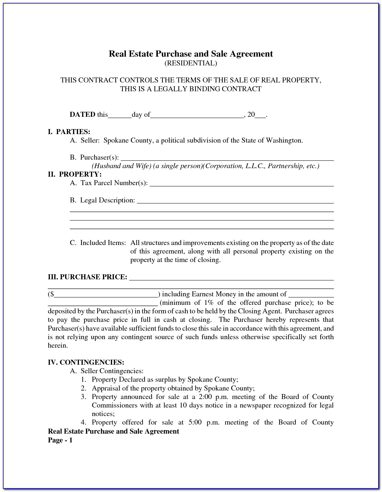 Blank Purchase Agreement Form Indiana