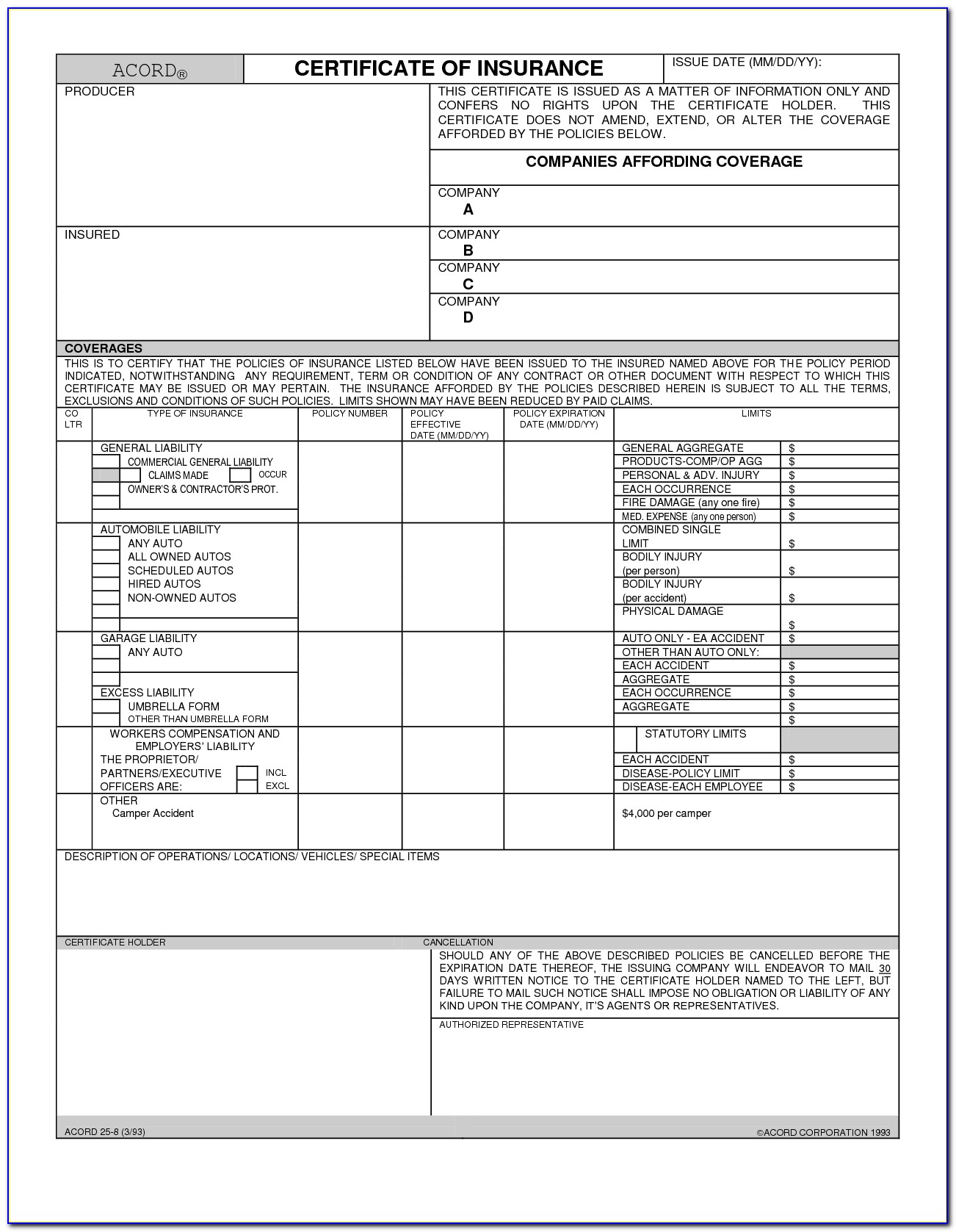 Certificate Of Insurance Acord Form 25