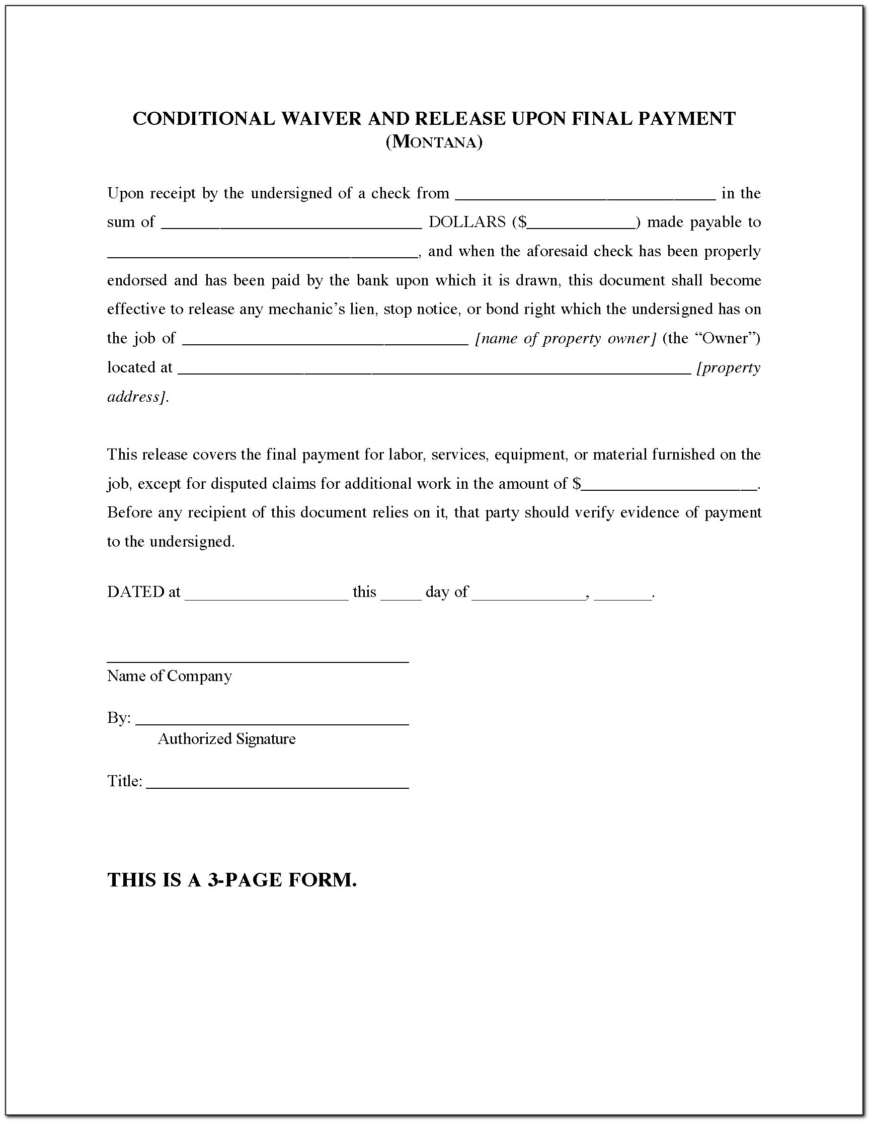 Conditional Lien Waiver Form Arizona