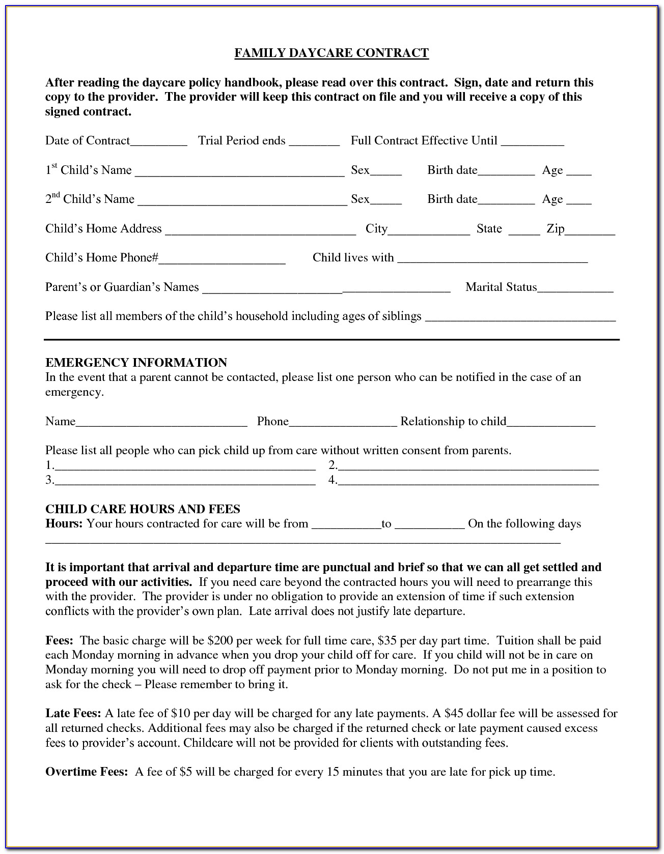Daycare Contract Forms Free
