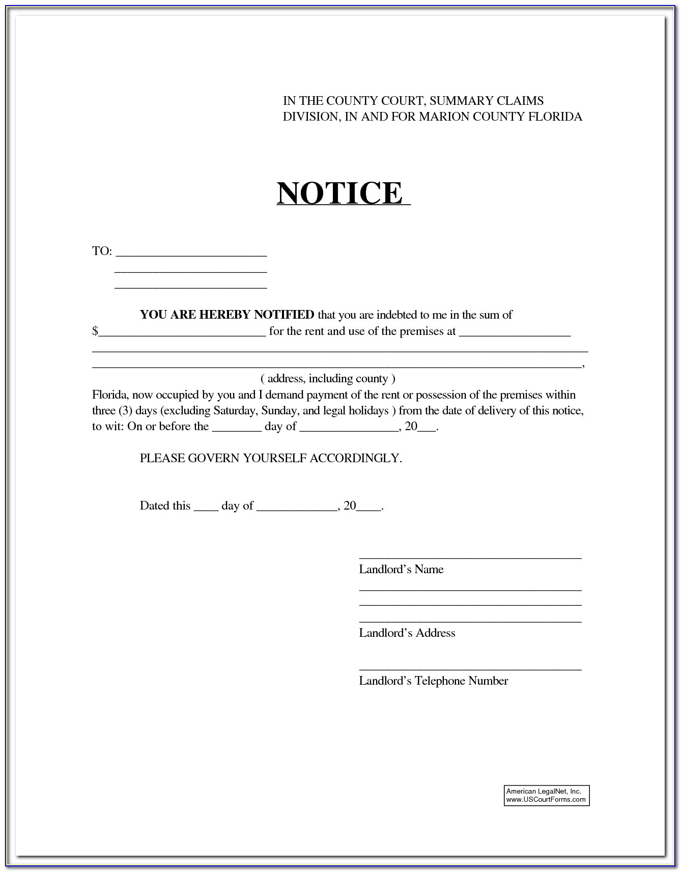 Florida 3 Day Eviction Notice Form