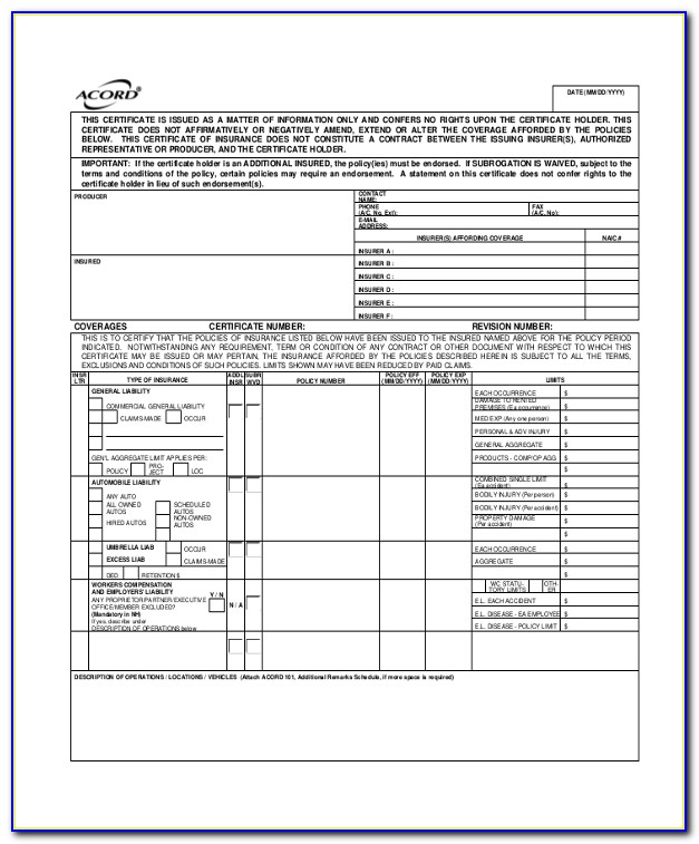 Free Acord Certificate Of Insurance Form