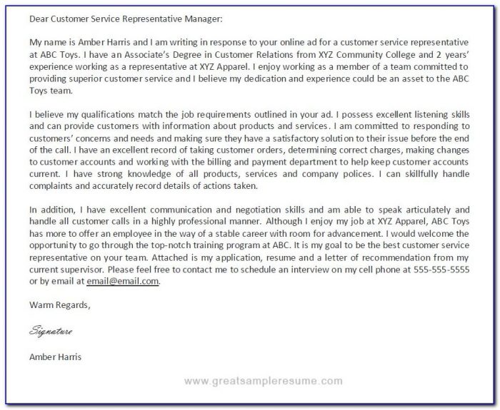 Free Cover Letter Examples For Customer Service Representative