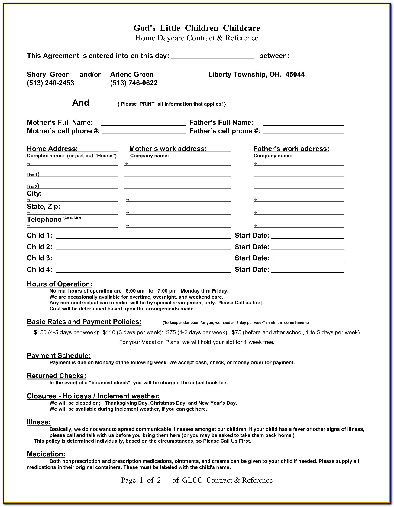 Free Printable Daycare Contract Forms
