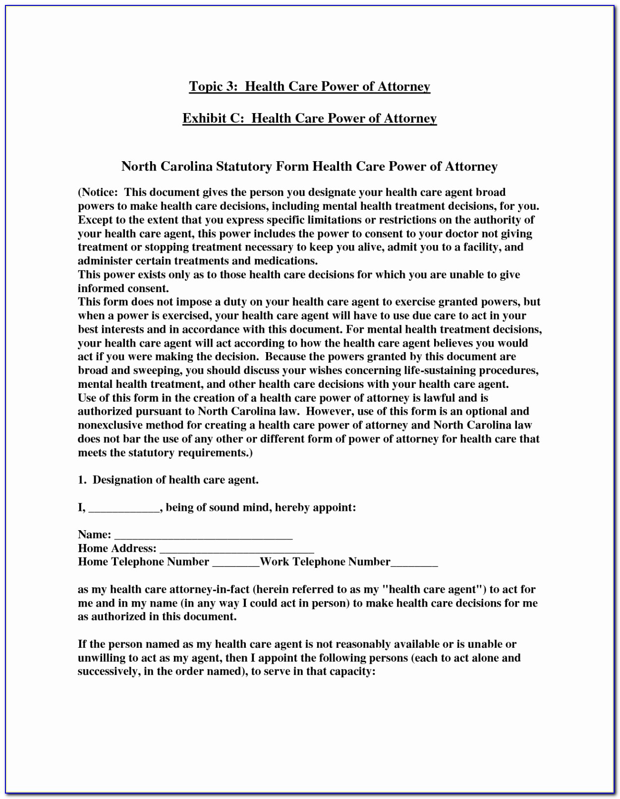 Free Printable Durable Power Of Attorney Form Nc