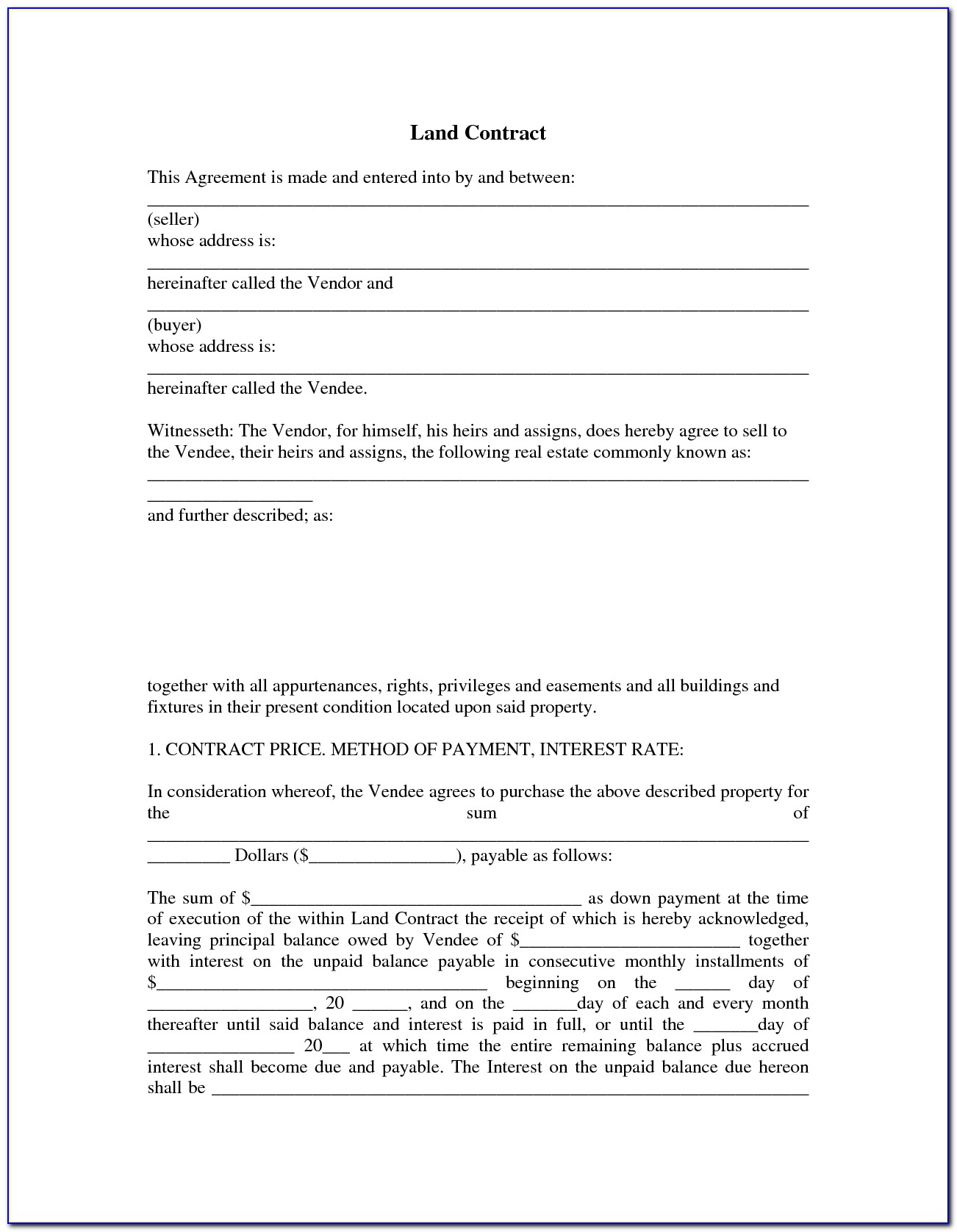 Free Printable Land Contract Forms Indiana