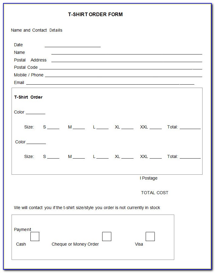 Free Sample T Shirt Order Form