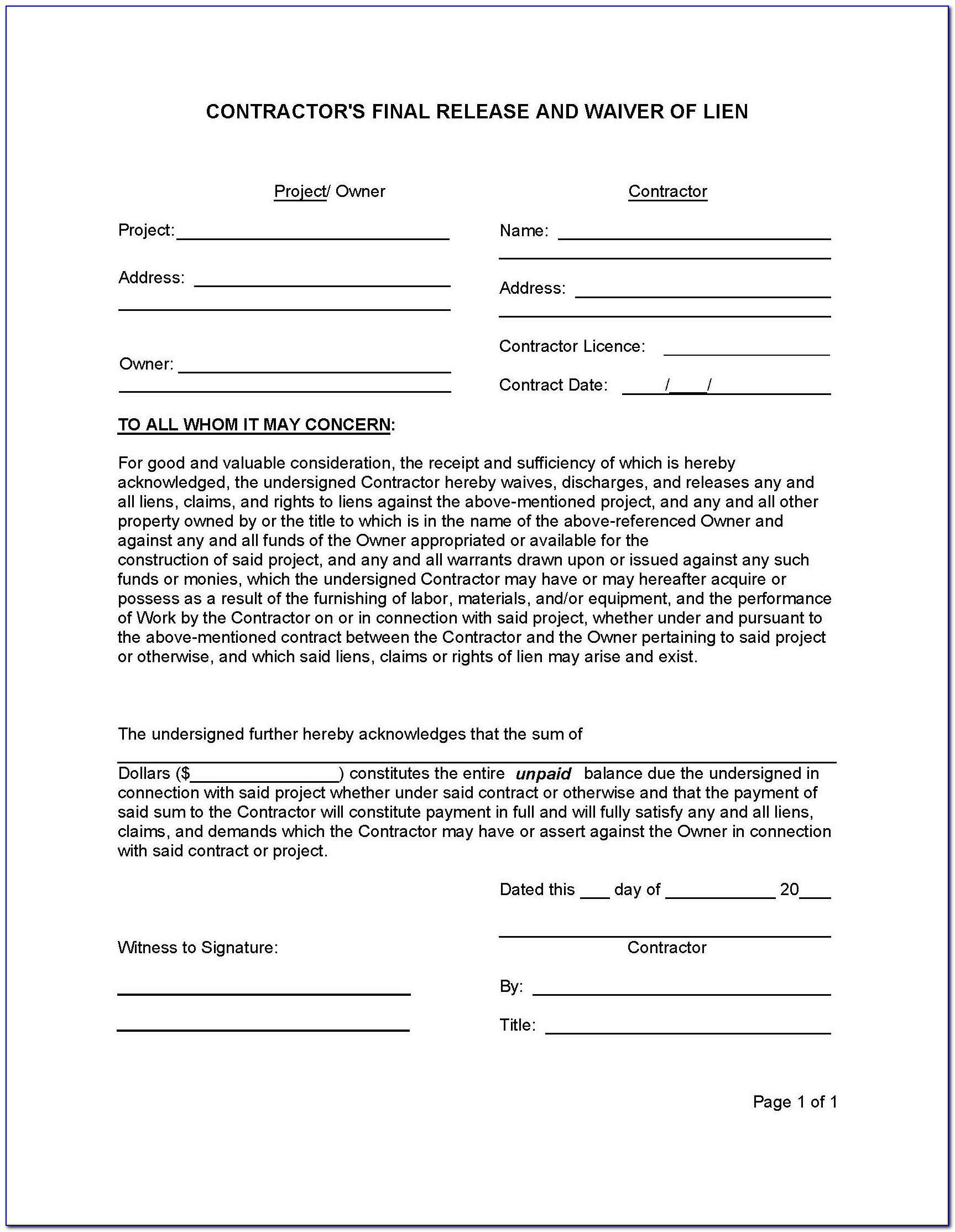 Free Subcontractor Lien Release Form
