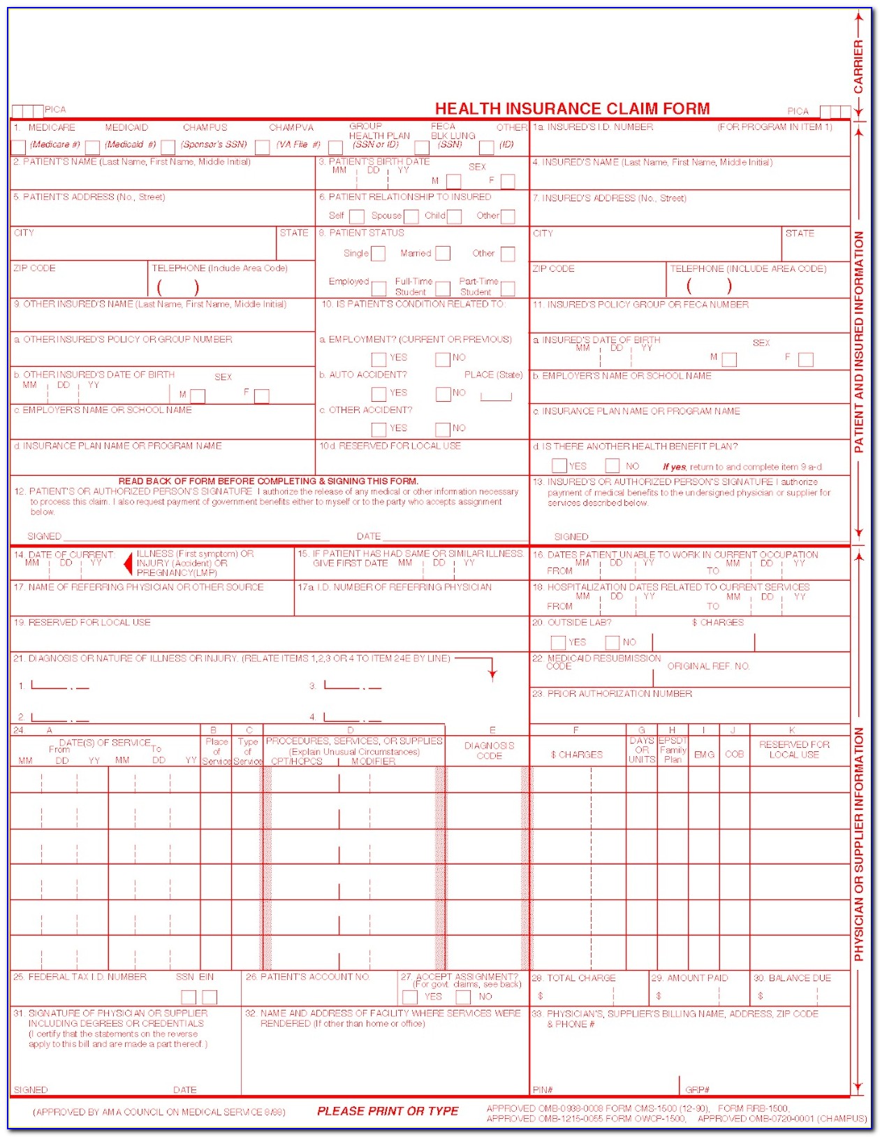 Health Insurance Claim Form 1500 Fillable Download