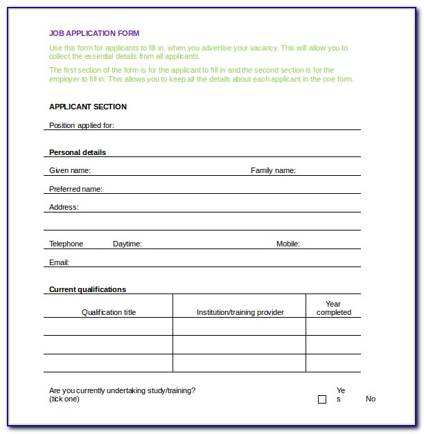 Job Application Form Template Word Format Uk