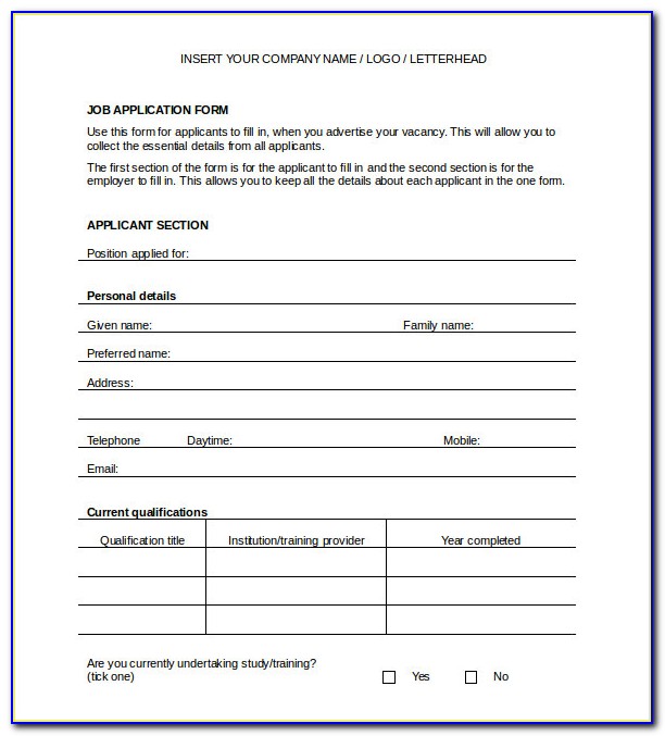 Job Application Form Template Word Format