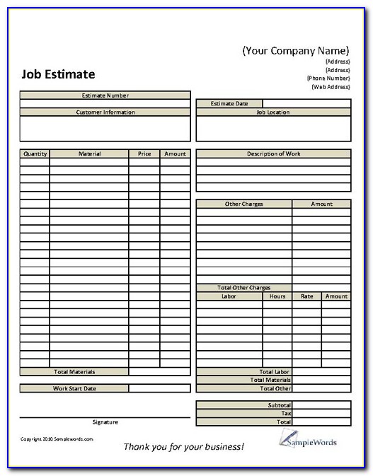 Job Estimate Forms Templates Free
