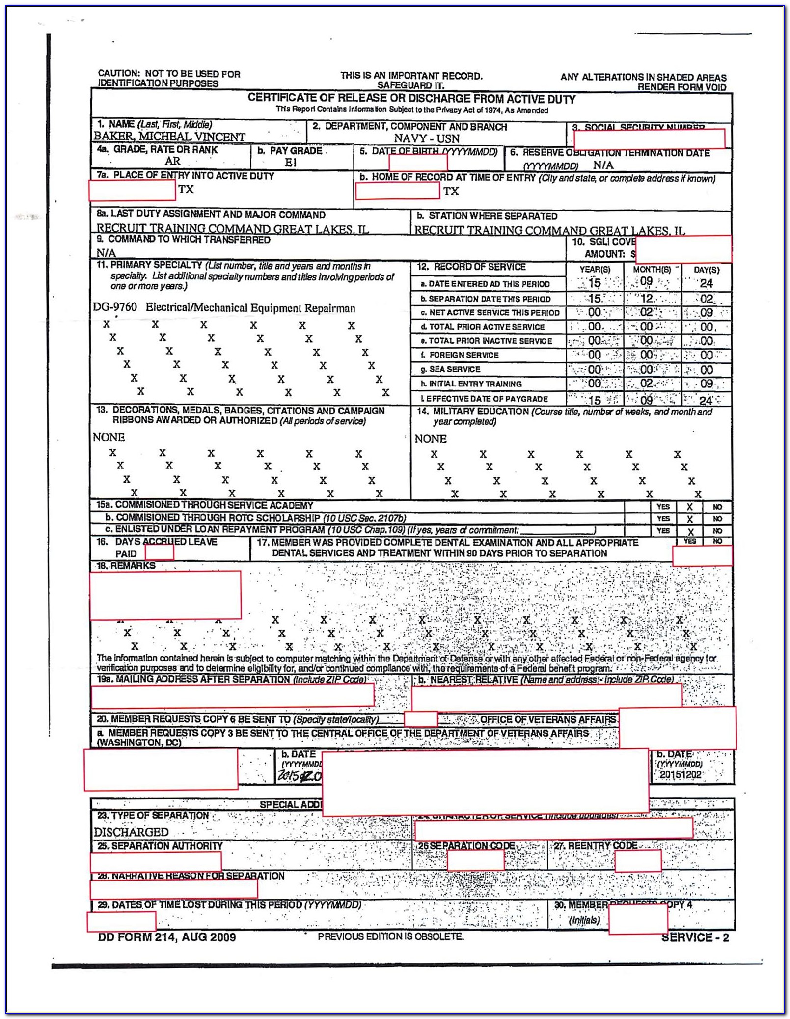 Military Service Discharge Form Dd214