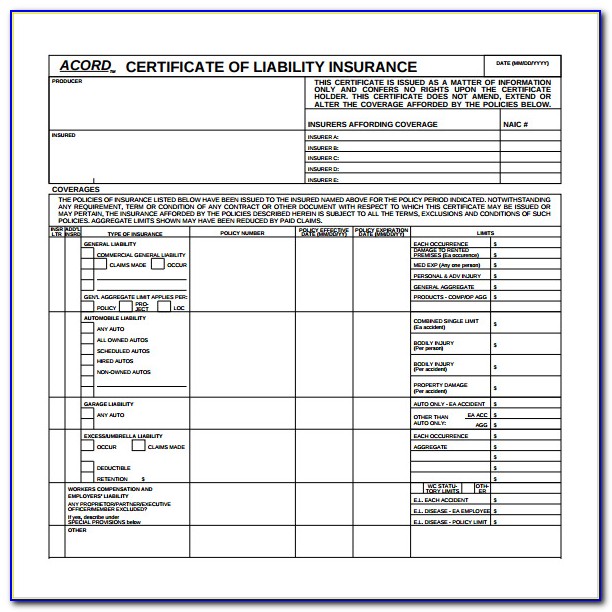 New Acord Certificate Of Insurance Form