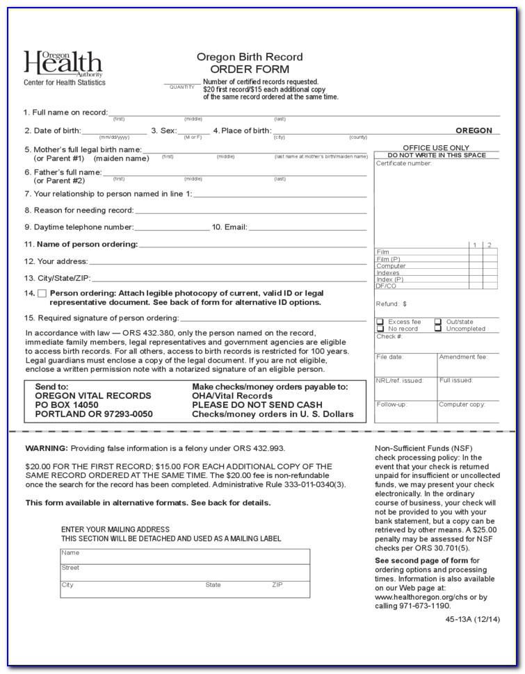 Oregon Birth Certificate Order Form
