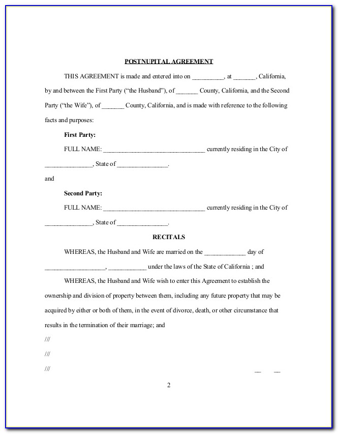 Postnuptial Agreement Form California