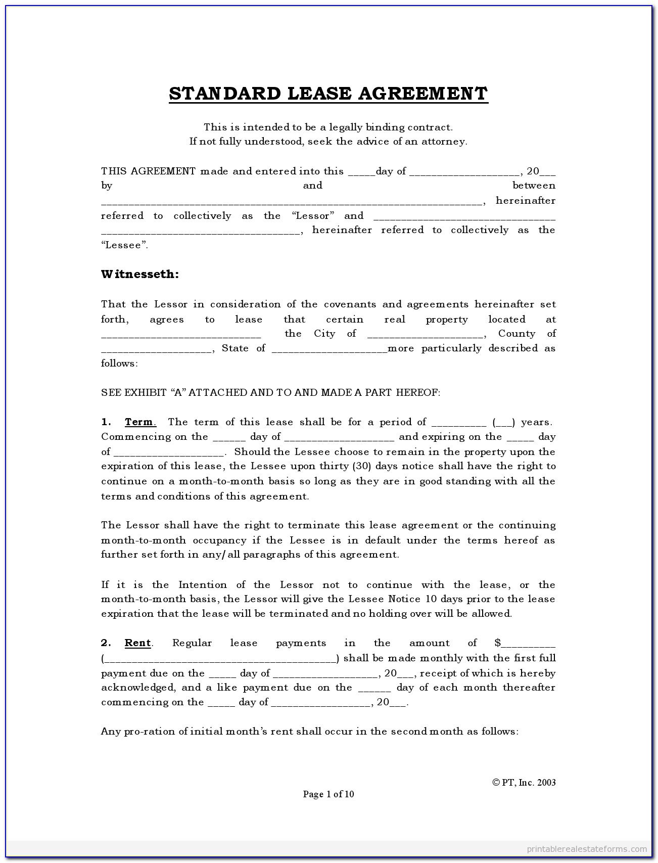 Printable Rent Lease Agreement Forms