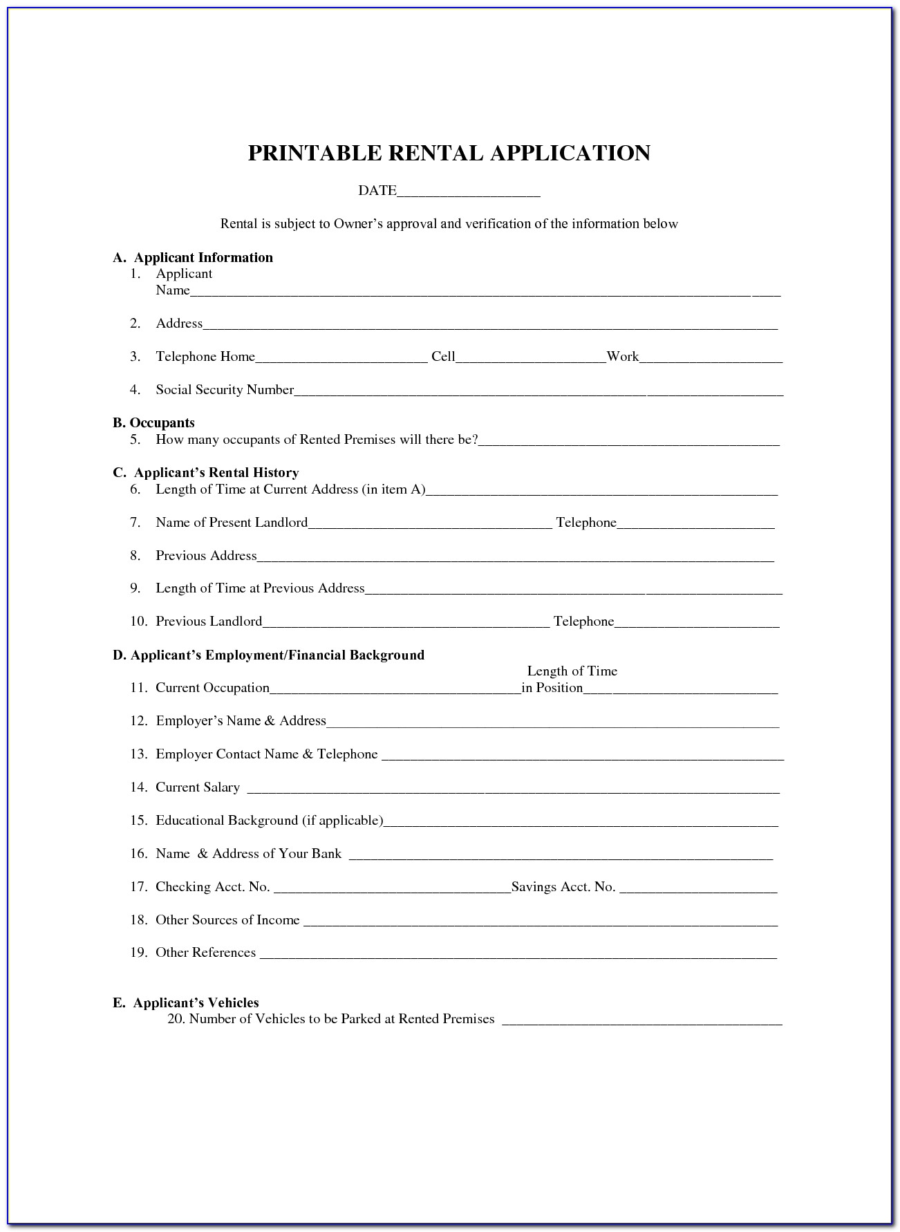 Printable Rental Agreement Form Free