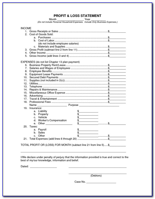 Profit Loss Statement Form For Self Employed