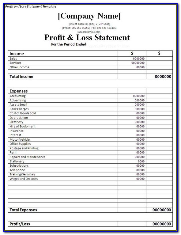 Profit & Loss Statement Format In Excel