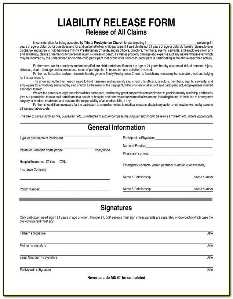 Release Of Liability Form Template Free
