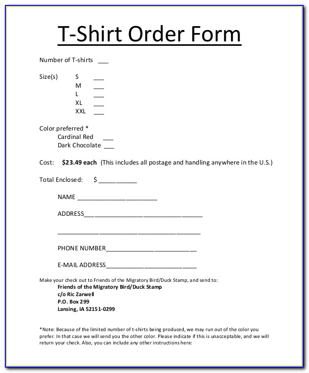 Sample T Shirt Order Forms
