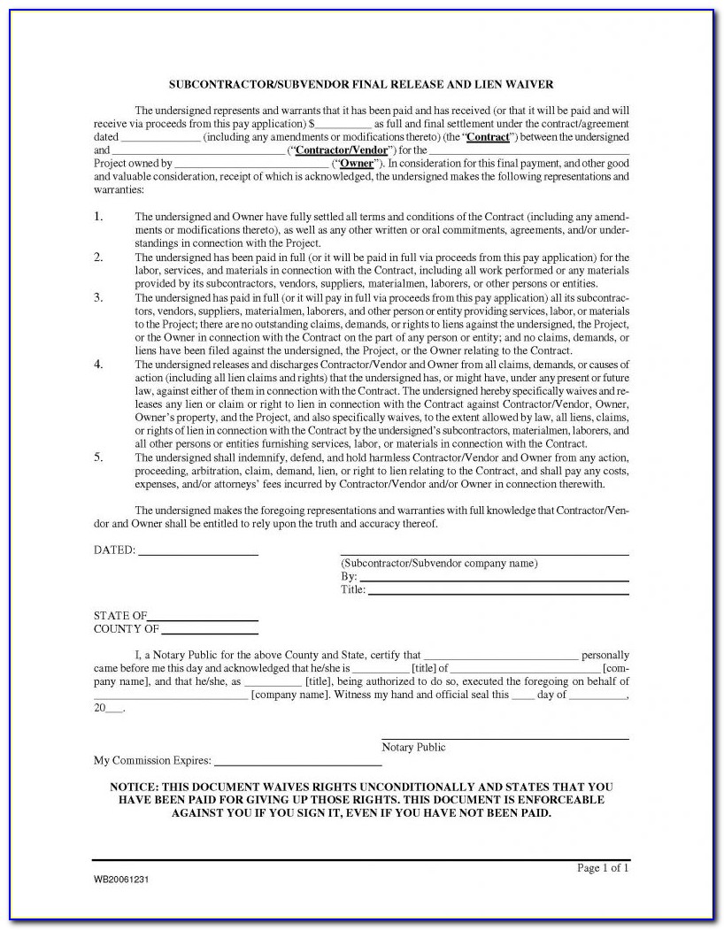 Subcontractor Lien Release Form Florida