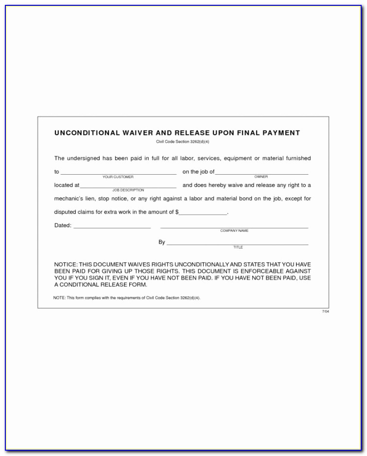 Lien Release Form New Form Standard Lien Waiver Form