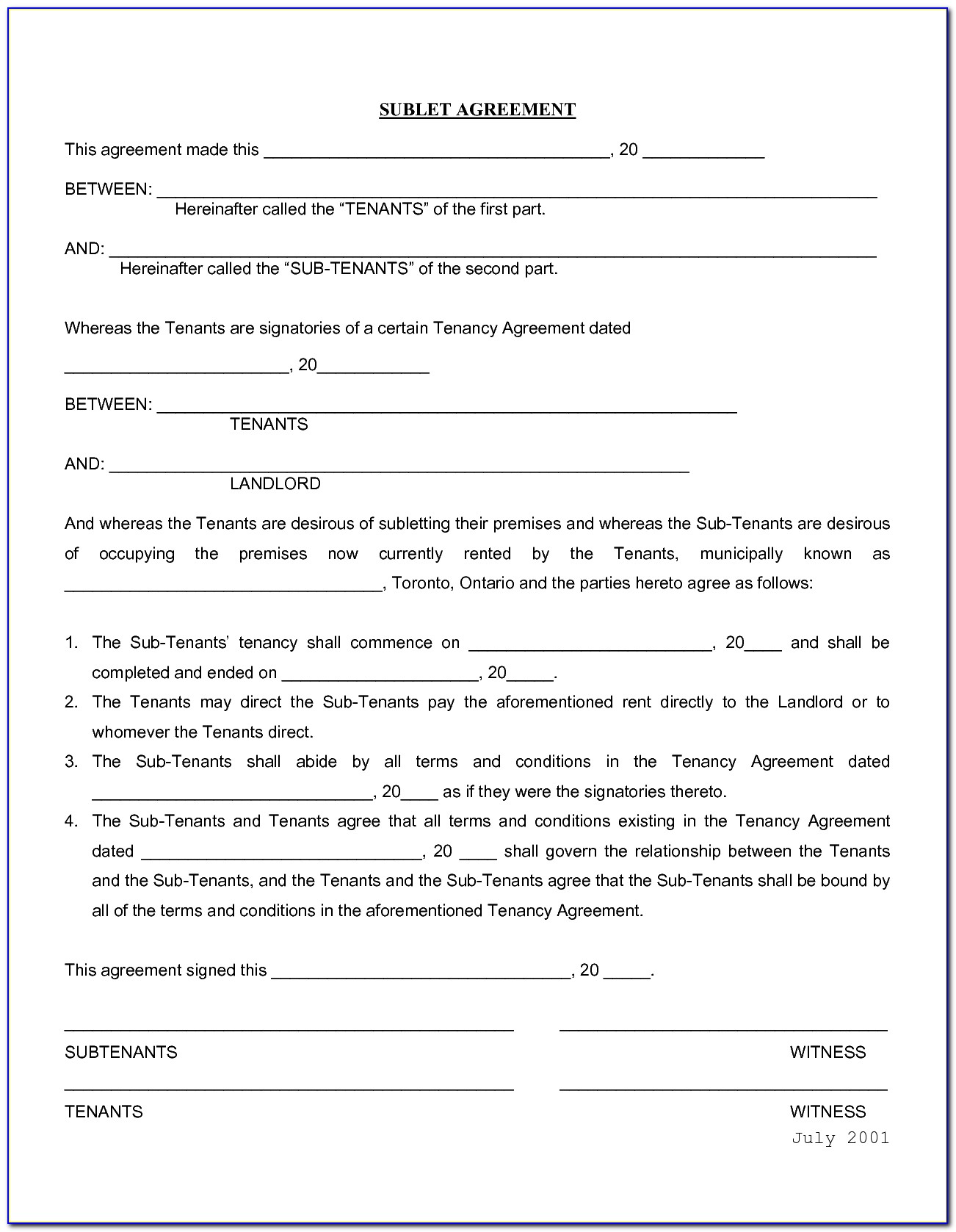Sublease Agreement Form Free
