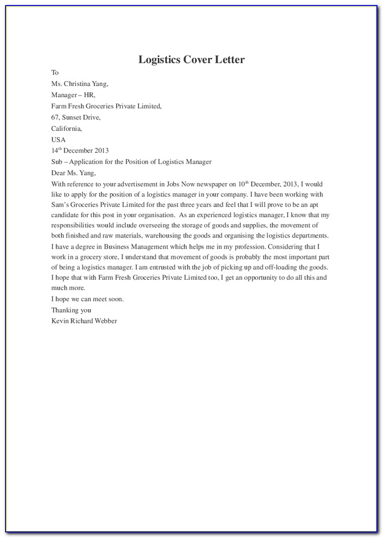Supply Chain Planner Cover Letter Sample
