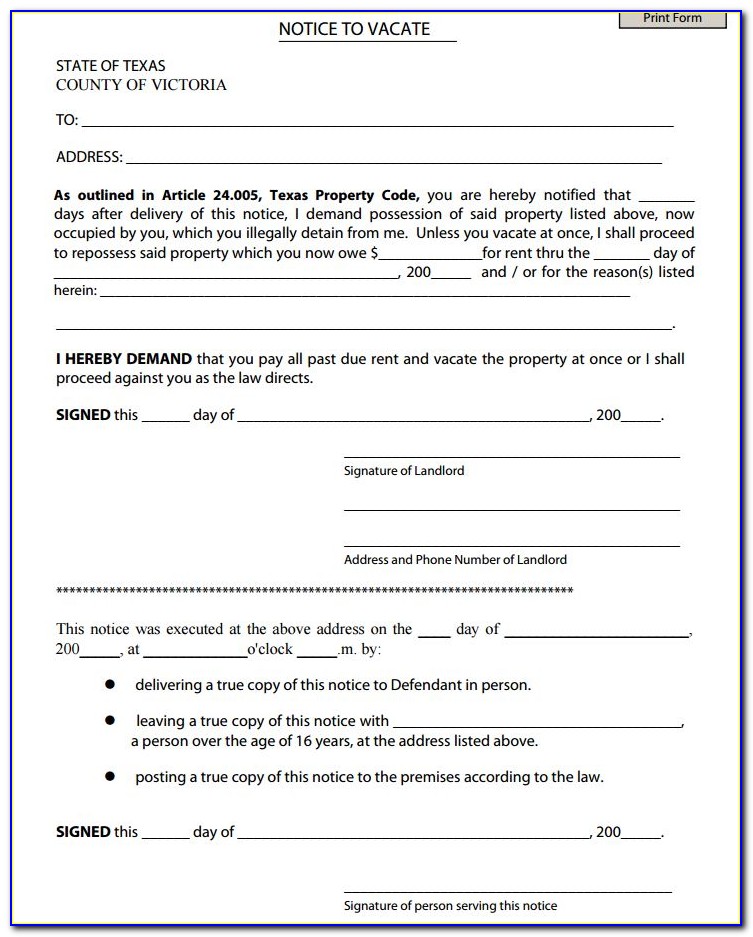Texas Eviction Notice To Vacate Form