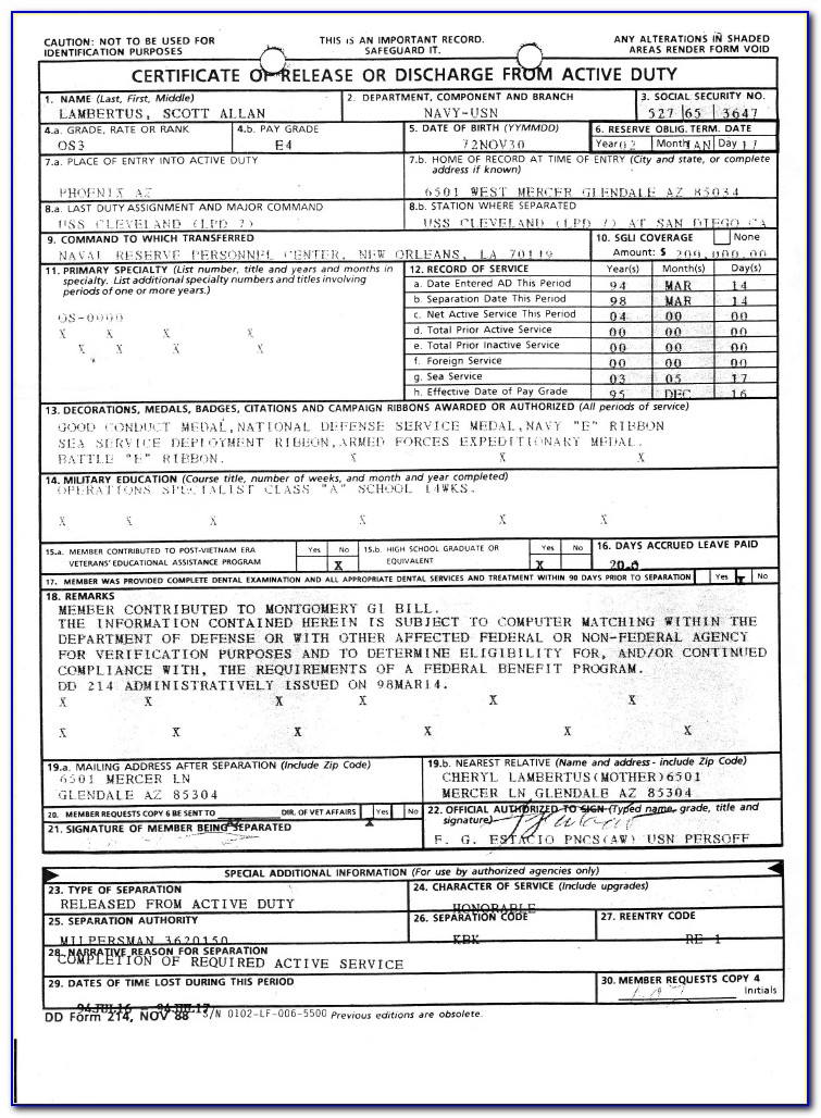 Veterans Affairs Form Dd214