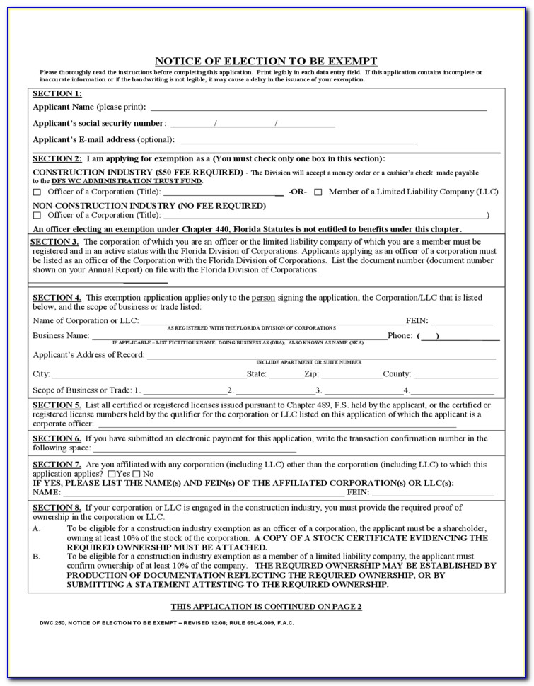 Workmans Comp Exemption Form Florida