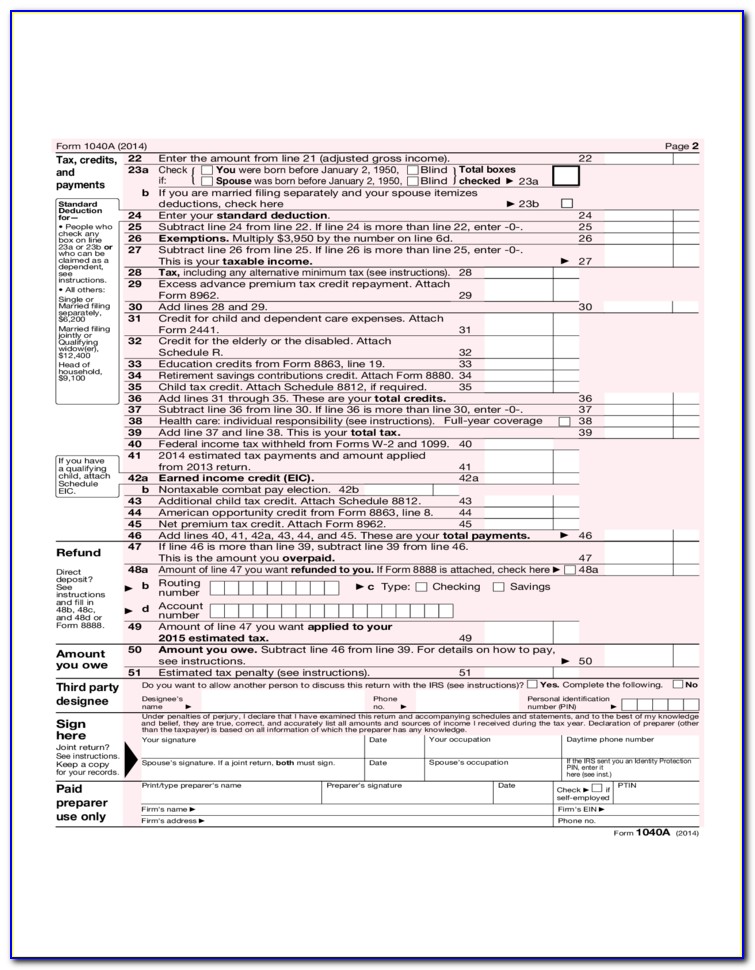 2014 Irs Form 1040a Instructions