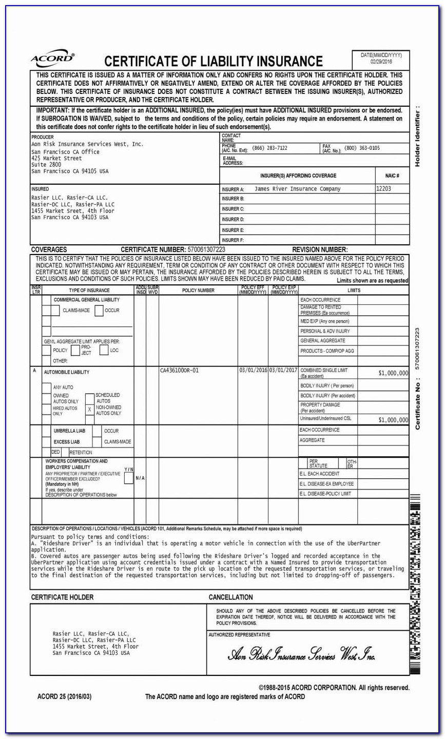 Acord Certificate Of Insurance Form