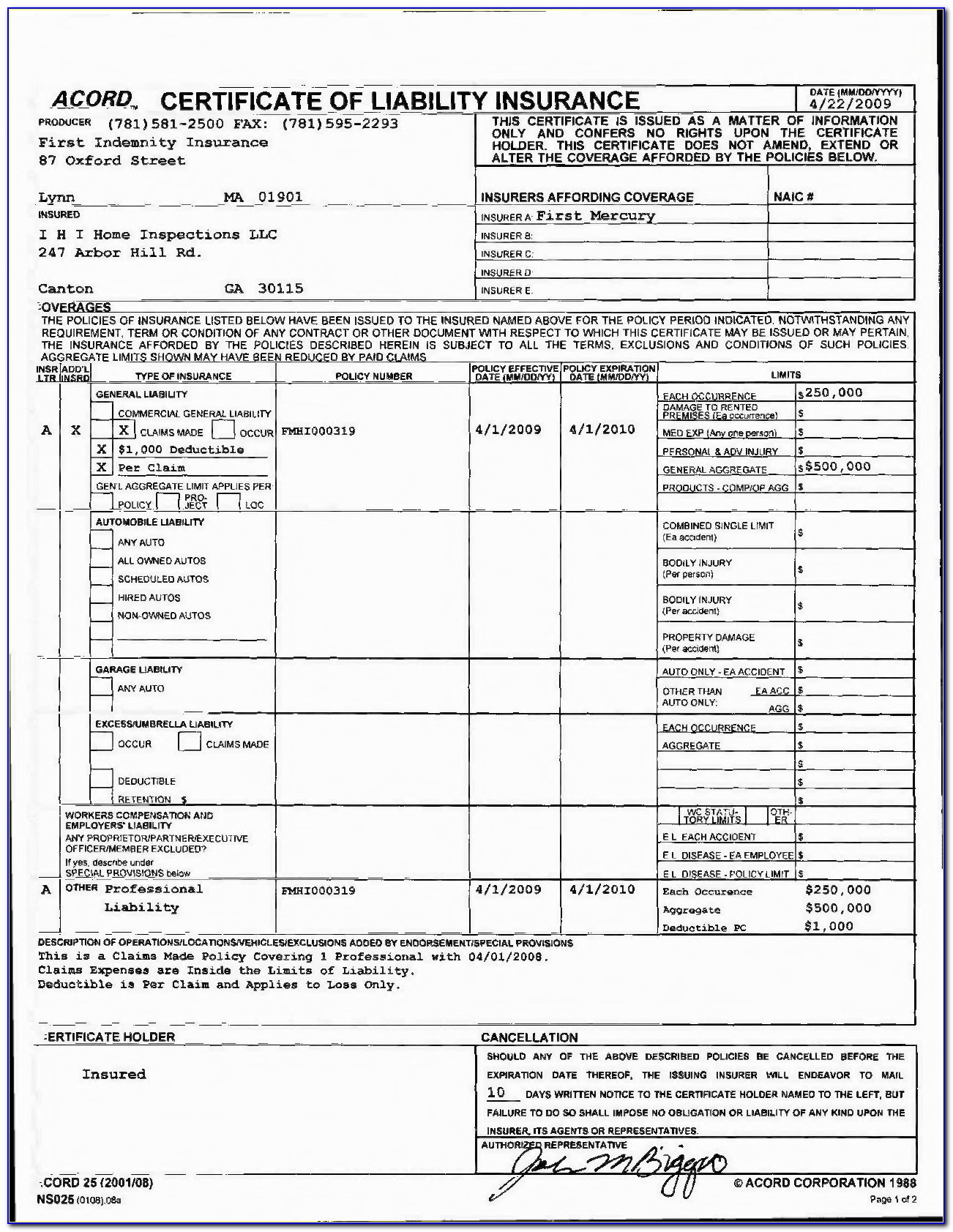 Acord Insurance Form Template