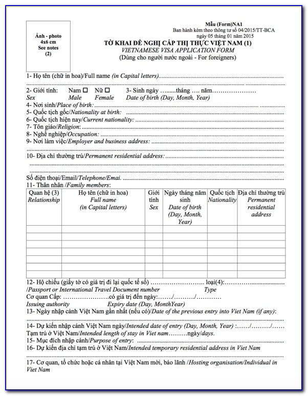 Application For A Vietnamese Visa Form
