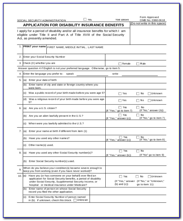Application For Social Security Disability Printable Form
