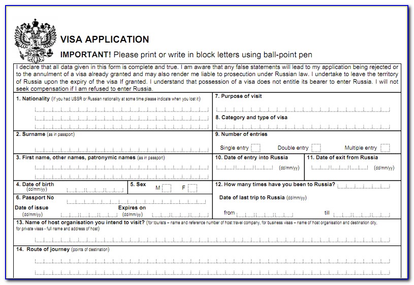 Application Form For Russia Visa