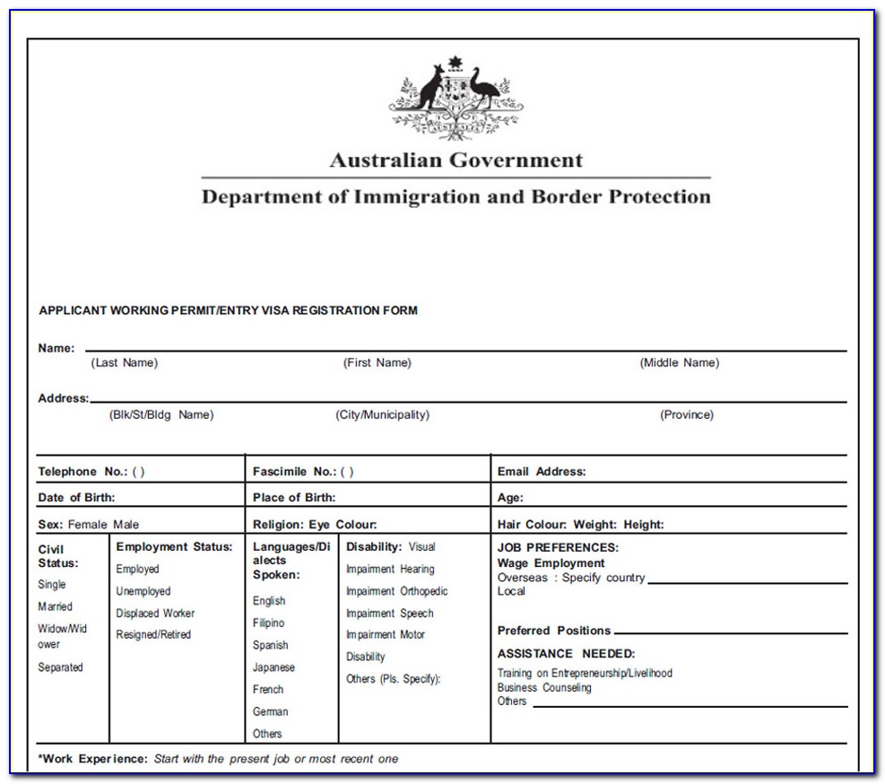 Australian Working Holiday Visa Online Application Form